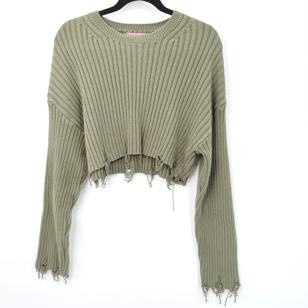 Edikted Distressed Cropped Sweater Women ML Green Ribbed Knit Grunge Indie